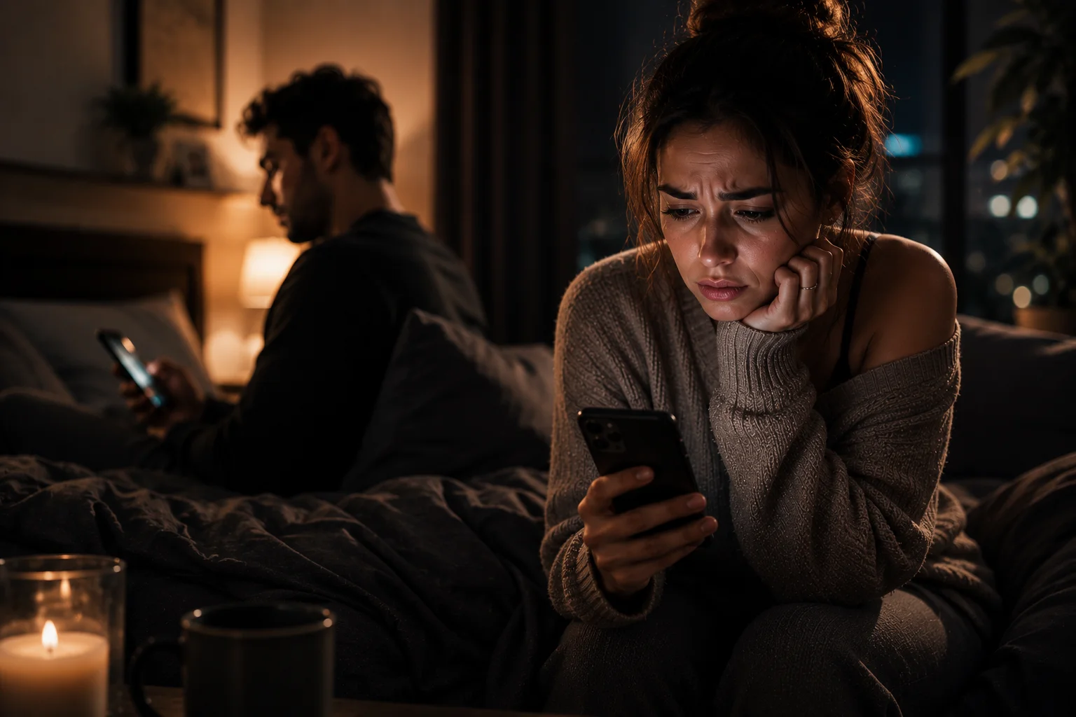 Mulher preocupada sentada na beira de uma cama olhando para seu telefone enquanto seu parceiro distante se concentra em seu próprio dispositivo ao fundo, ilustrando sinais sutis de afastamento